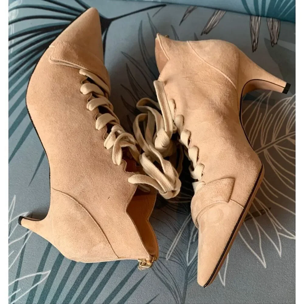 NEW IN BOX Derek Lam Montparnasse tan Suede Lace Up Booties Heels Shoes sz 38